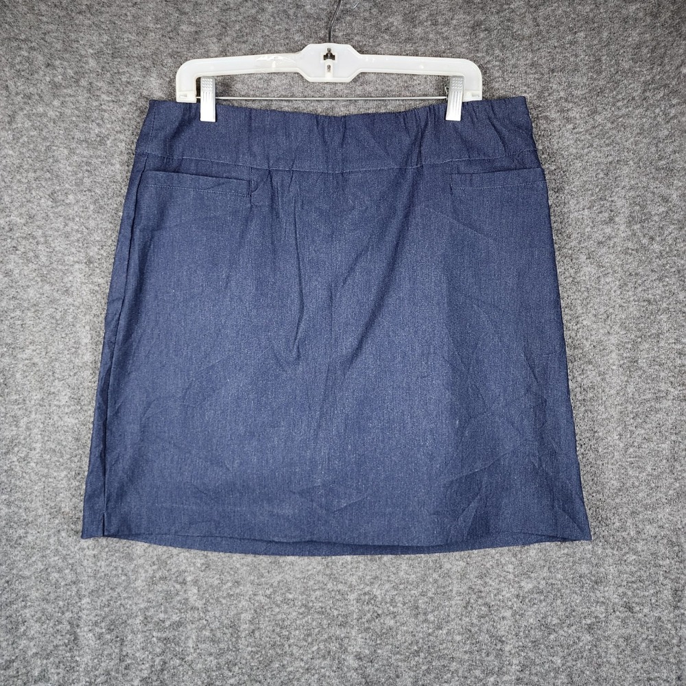 Kim Rogers Skirt Women 14 Blue Denim Look Stretch Pull On Knee Length Slits